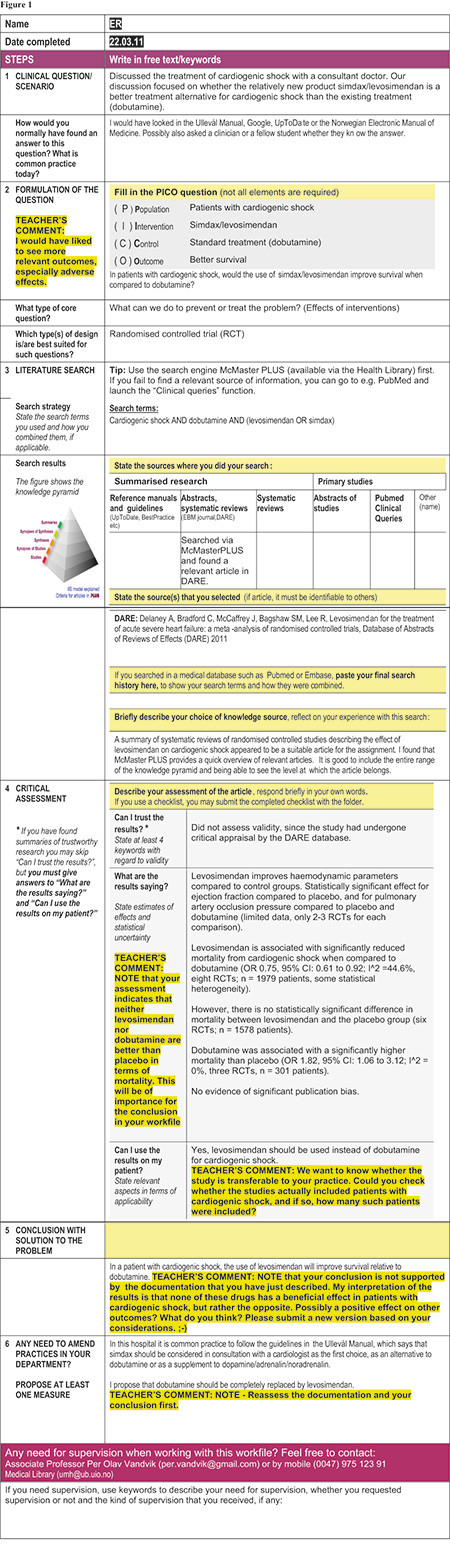 Figure 1: Example of a work file completed by a medical student (ER), with feedback.