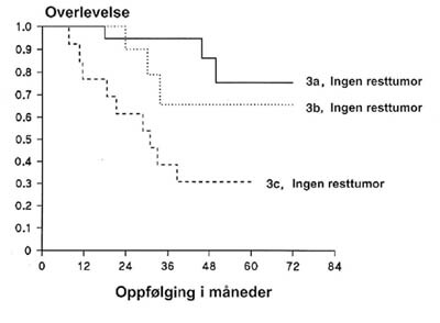 Figur 2  Overlevelseskurver for pasienter med FIGO-stadium 3a, 3b og 3c uten resttumor etter primærkirurgi (20)