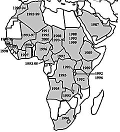 Figur 2   Spreiing av N meningitidis subgruppe III-klonar i Afrika etter Mekka-utbrottet i 1987. Årstala viser når subgruppe…