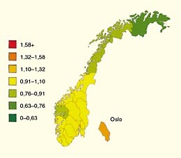  Figur 1    Forekomst av brystkreft i norske fylker før oppstart av screening. Figuren viser relativ risiko for brystkreft i…