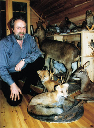 I alt 55 utstoppede dyr holder Per Gunnar Robstad med selskap i hans eget jaktrom hjemme i huset i Songdalen. Foto A.M…