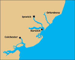 Figur  4  De aktuelle byene på Englands kyst ved transporten av Fougner. Avstanden Ipswich – Colchester 27 km (17 miles)…