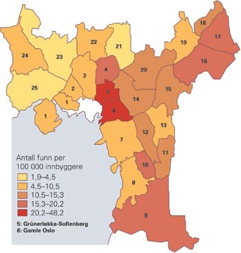 Insidens av tuberkulose i Oslos bydeler 1996–2001. Bydelene merket 5 og 6 er Grünerløkka-Sofienberg og Gamle Oslo. Kilde:…