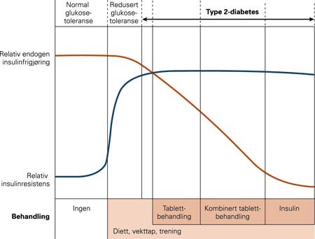 Bidrag av insulinresistens og insulinfrigjøring under utvikling og forløp av type 2-diabetes. Tilpasset fra De Fronzo (10)