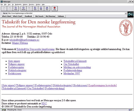 Tidsskriftets nettsider hadde en enkel struktur de første årene (14.2. 1997)