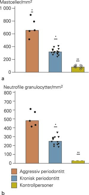 Median tetthet med mastceller (a) og nøytrofile granulocytter (b) i periodontale lesjoner fra pasienten med aggressiv…