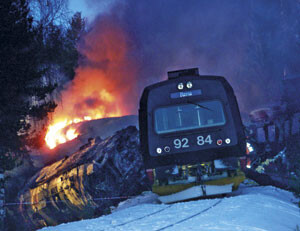 4. januar 2000 kolliderte to tog ved Åsta sør for Rena. Foto SCANPIX