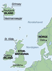 Figur 2  Kart over Nordsj&oslash;en som viser St. Kilda, Grimsey og Vestmannaeyjar