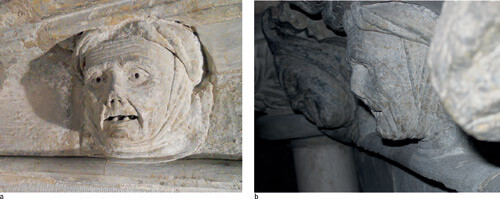 Figur 1  a) Kvinneansiktet en face. Foto Harald Brandtzæg. b) Kvinneansiktet i profil. Foto Øystein Ekroll. Skulpturen er…