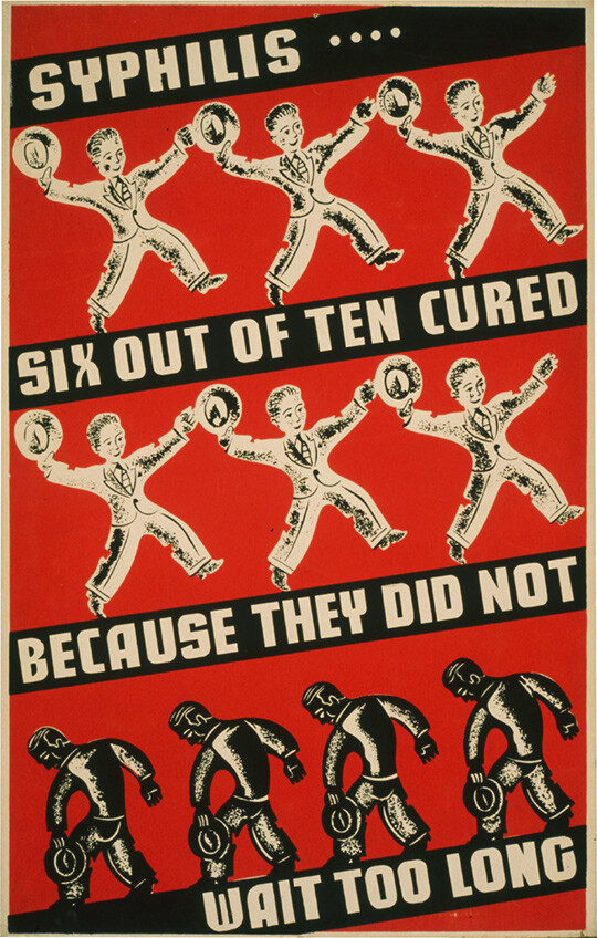 Plakat fra slutten av 1930-årene der amerikanske folkehelsemyndigheter informerer om viktigheten av tidlig behandling ved…