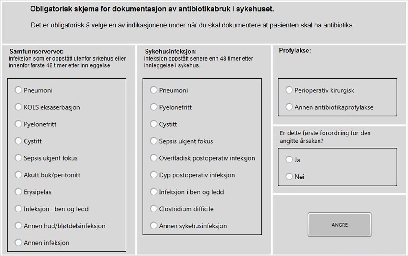 Figur 1 Skjermdump av obligatorisk skjema for dokumentasjon av antibiotikabruk i sykehuset. Gjengitt etter tillatelse fra&hellip;