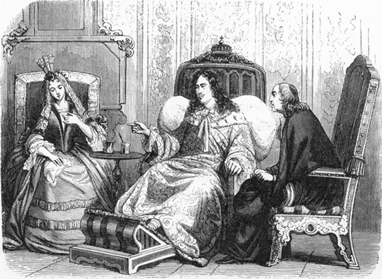 Figur 1  Hustruen Mme de Maintenon og skriftefaren père La Chaise med den plagede Ludvig 14. Tresnitt. Illustrasjon: AKG…