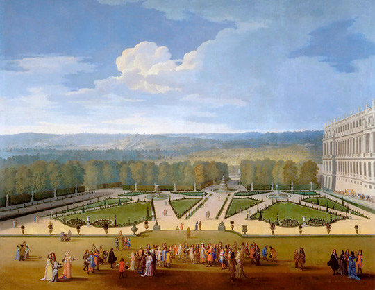 Figur 3  Ludvig 14 og hoffet spaserer i parken i Versailles. Fra Musée de l'Histoire de France, Château de Versailles…