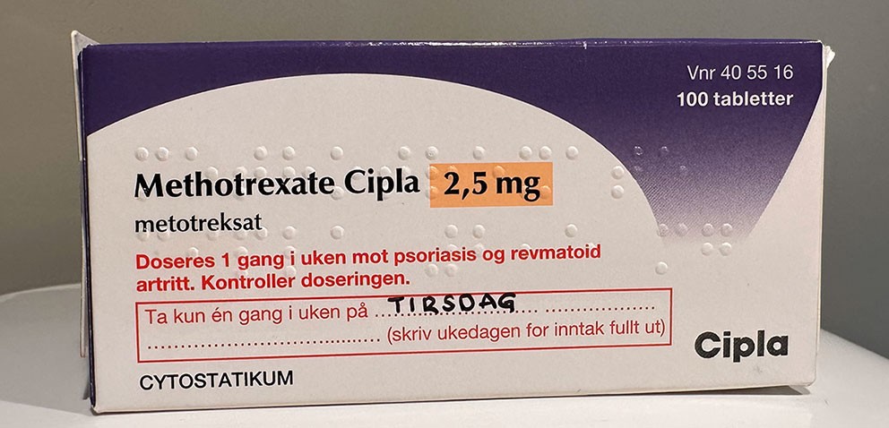 Figure 1 Medication packaging for methotrexate. Note the red highlighted text to emphasise that the medicine should only be…