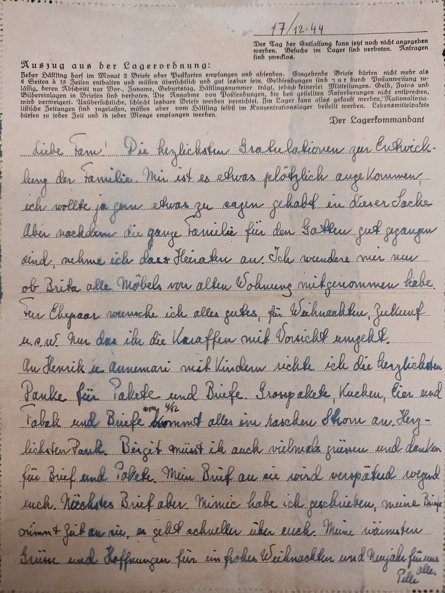Figur 5 Brev fra Sachsenhausen konsentrasjonsleir 17.12.1944. Riksarkivet. Foto A. Gulsvik