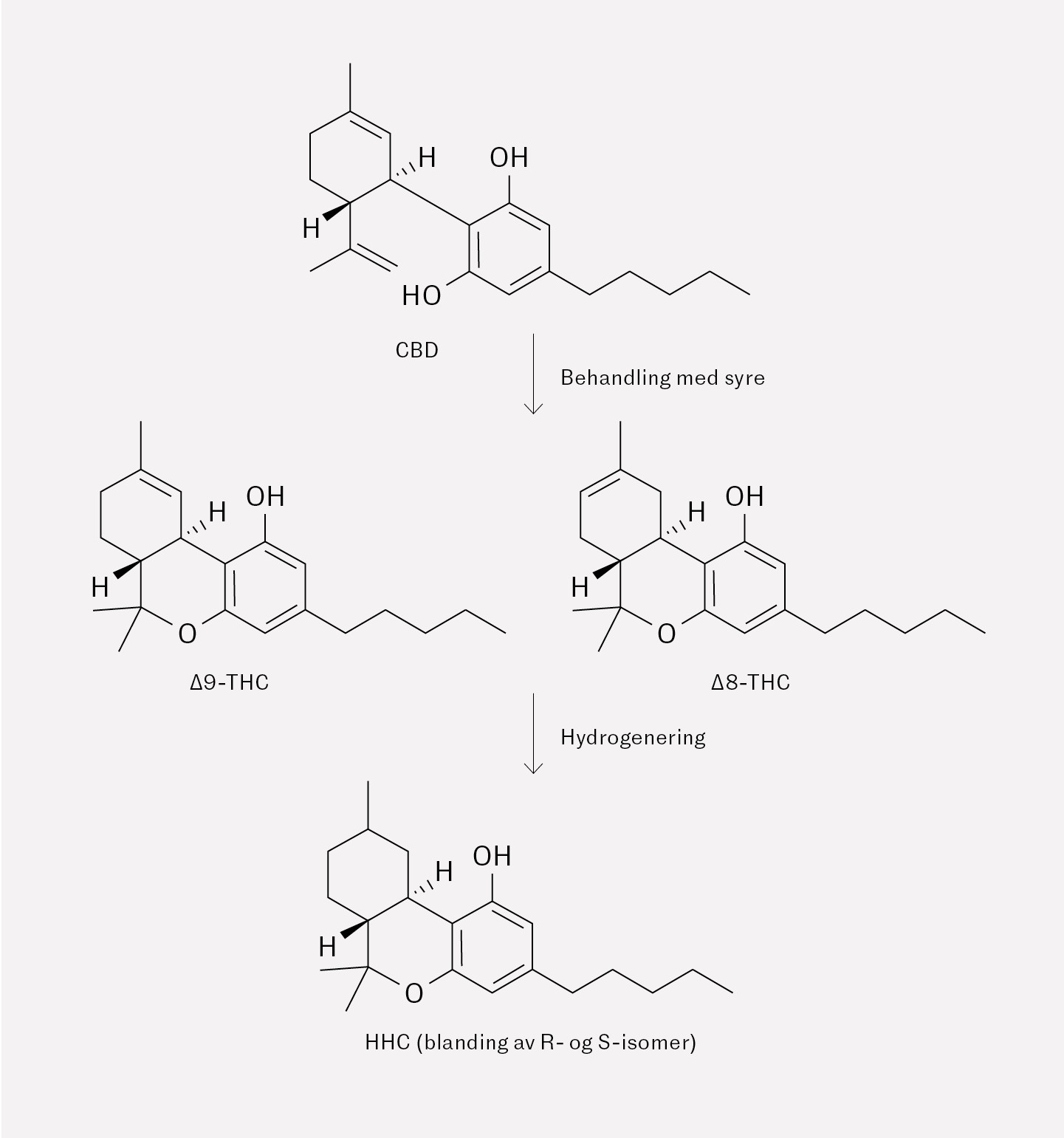 Figur 1 Den kjemiske forbindelsen mellom cannabidiol (CBD), delta-9-tetrahydrocannabinol (Δ9-THC, delta-8…