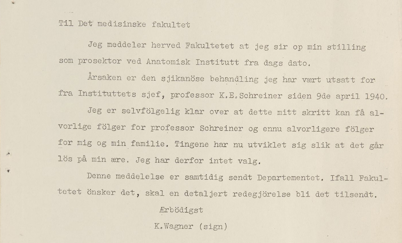 Figure 4 Wagner's letter of resignation from 20 January 1941 (8, p. 58).