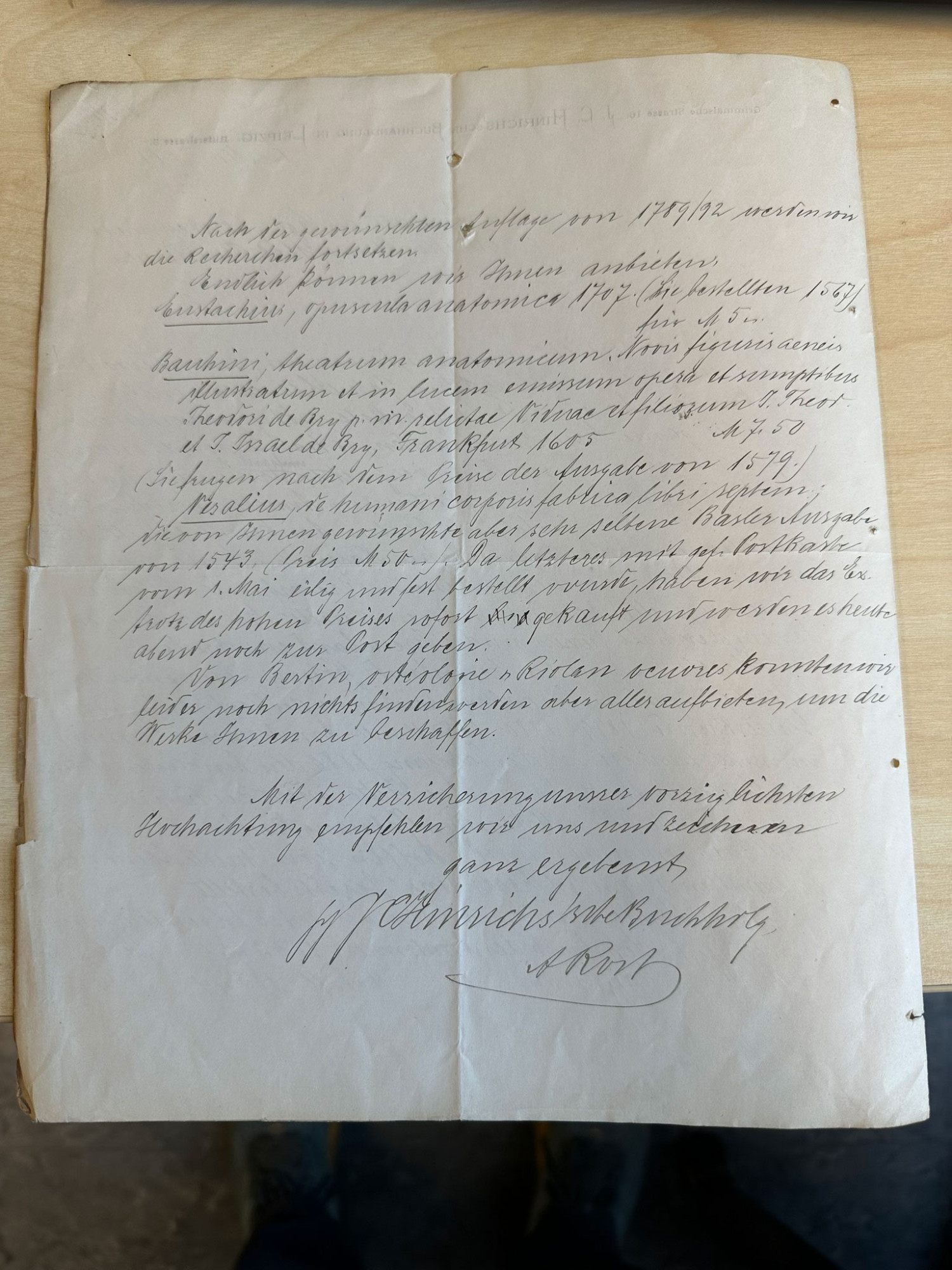 Figure 4 Excerpt from the letter dated 12&nbsp;May 1883 from the bookseller in Leipzig: 'Vesalius, de humani corporis fabrica&hellip;
