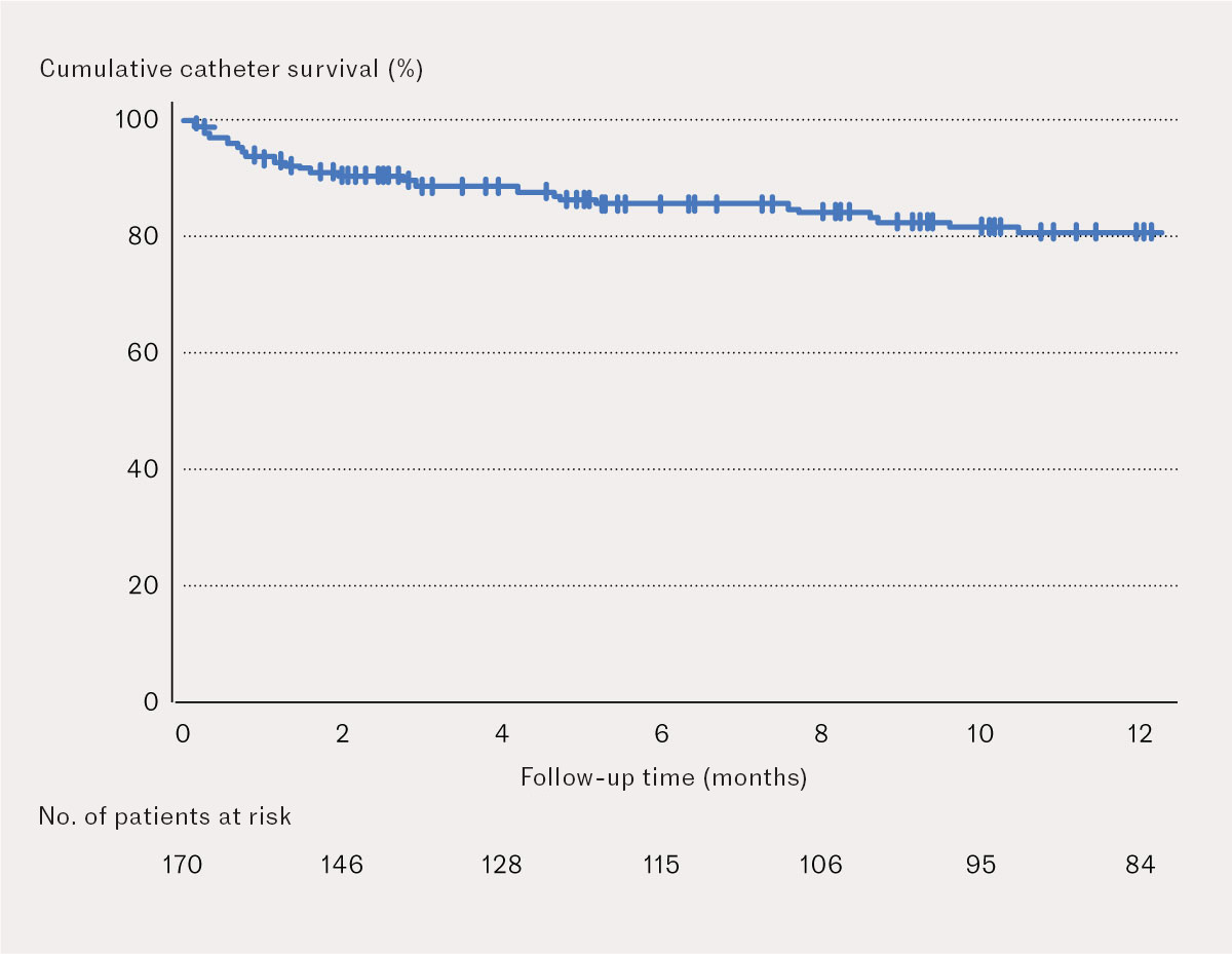 Figure 1 Twelve-month cumulative catheter survival in 172 patients who underwent peritoneal dialysis catheter placement at&hellip;