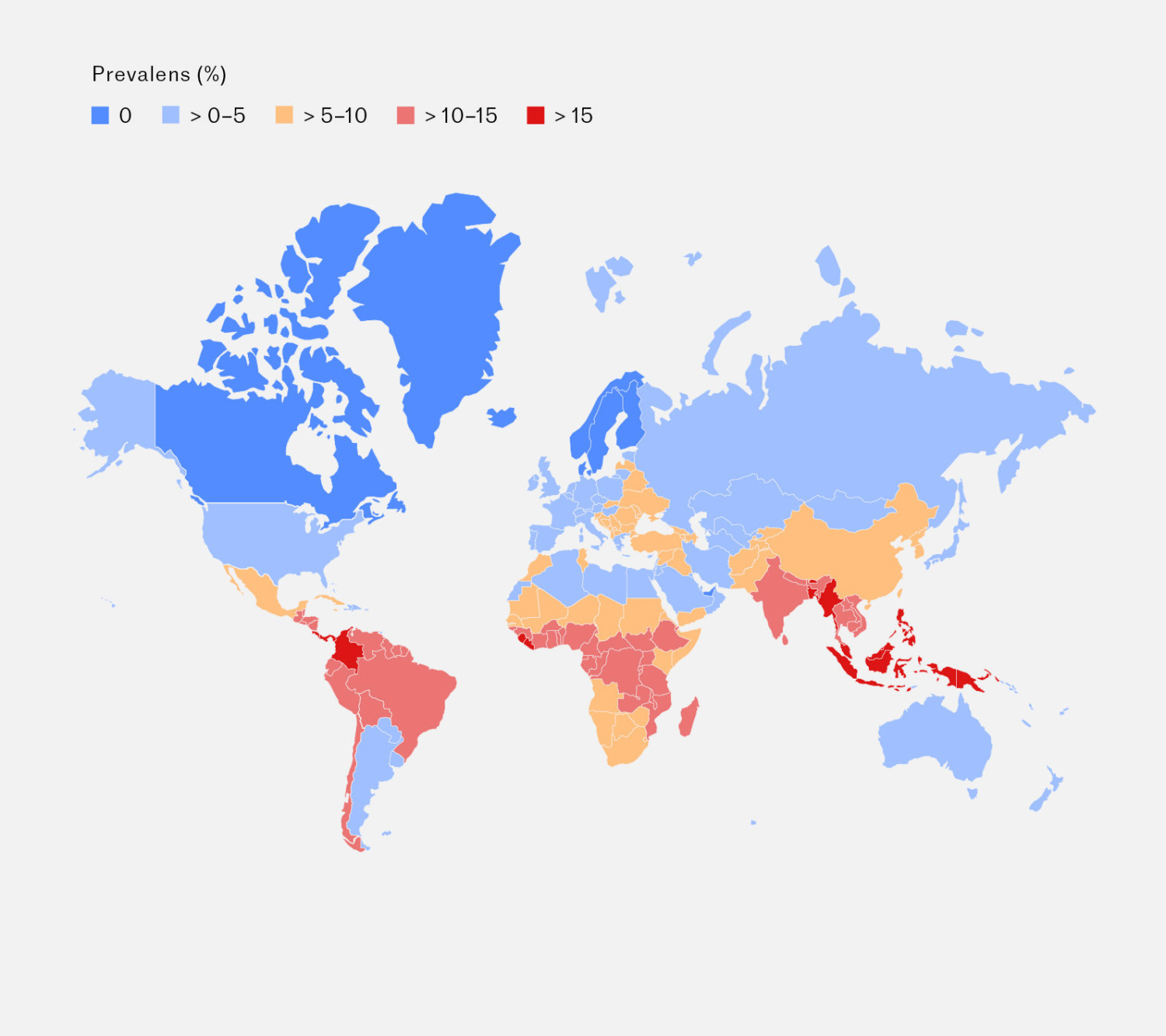 Figur 3 Estimert global utbredelse av infeksjon med Strongyloides stercoralis (4).