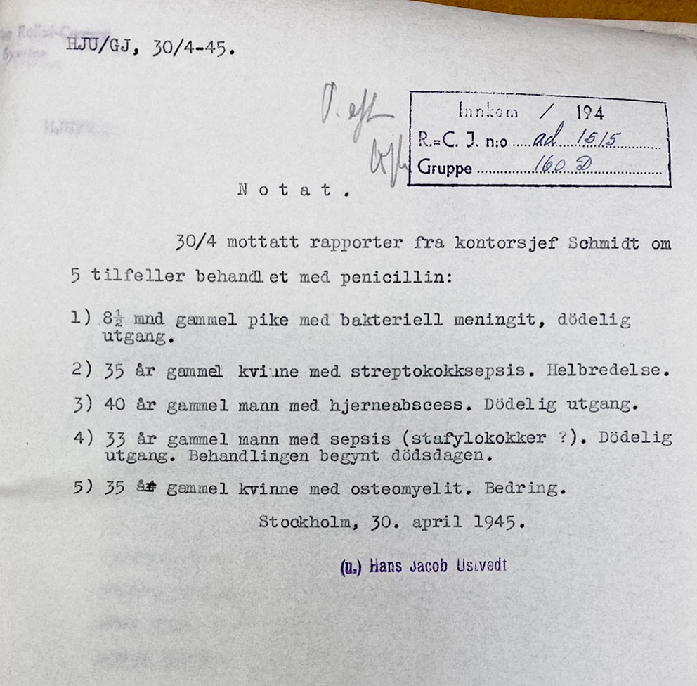 Figure 6 Memorandum concerning five cases treated with penicillin, dated 30&nbsp;April 1945, just days before Norway's liberation&hellip;