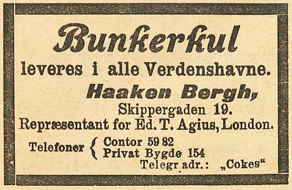 Figur 1 Annonse for Berghs n&aelig;ringsvirksomhet i Norges sj&oslash;fartstidende, &aring;r 1900 (4). Faksimile