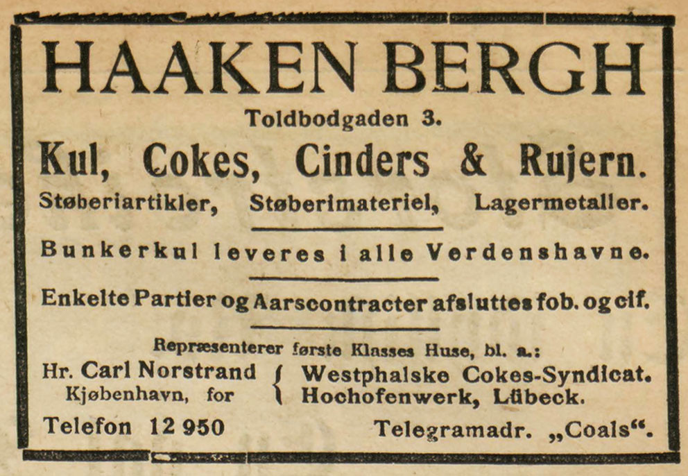 Figur 2 Annonse for Berghs n&aelig;ringsvirksomhet i Morgenbladet, &aring;r 1909 (6). Faksimile