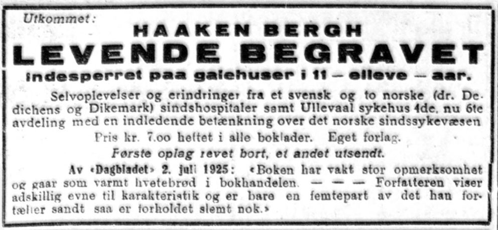 Figur 3 Annonse for Berghs f&oslash;rste bok i Aftenposten, &aring;r 1925 (9). Faksimile