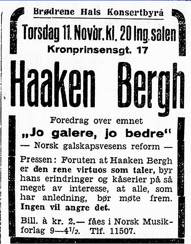 Figur 5 Annonse i Morgenbladet for den siste foredragsserien Haaken Bergh holdt i 1937 (20). Faksimile