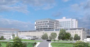 Skisse av fasaden til det nye sykehuset i Bod&oslash;, som ferdigstilles i 2018. Illustrasjon: Nordlandssykehuset