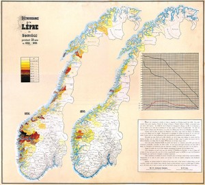Kart over den geografiske fordelinga av lepratilfelle i Noreg i 1856 og 1890. Bymuseet i Bergen – Lepramuseet St. Jørgens…