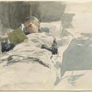1885/1890 Leopold von Kalckreuth, Kunstnerens kone leser p&aring; sengen, 1890. National Gallery of Art, Creative Commons.