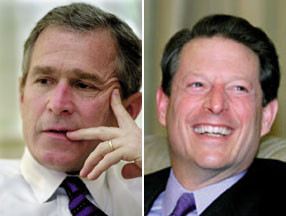 Presidentkandidatene George W. Bush (f. 1946) (t.v.) og Al Gore (f. 1948) må være forberedt på økende offentlig interesse…