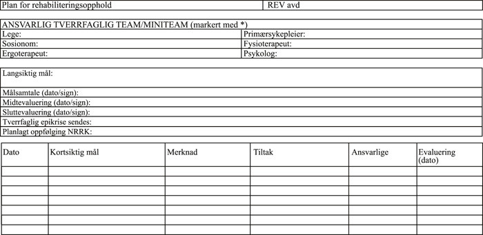 Figur 1  Mal for rehabiliteringsplan brukt under opphold ved revmatologisk rehabiliteringsenhet ved Diakonhjemmet sykehus