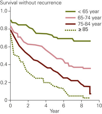 Figure 3  The Kaplan-Meier curve describes survival without recurrence in 421 patients related to age groups at the time of…