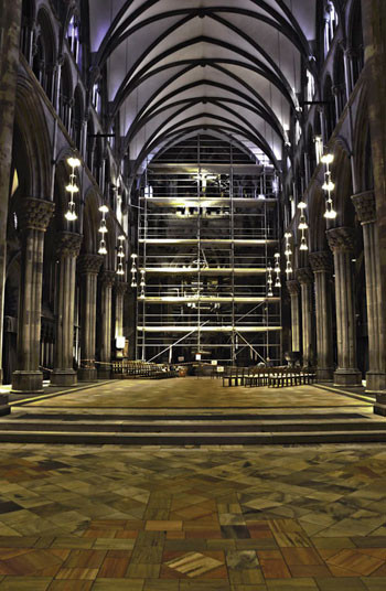 Nidaros Cathedral, apse and octagon (2011). The high altar has been replaced by 20 metre high scaffolding. Photo: Nidaros…