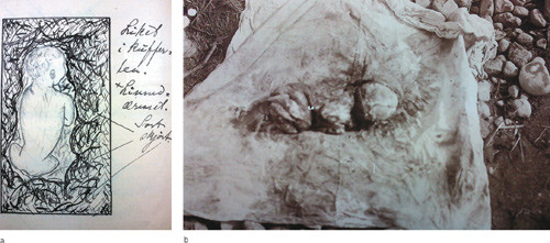 Figure 3  a) Drawing of a child’s corpse found in a suitcase in the accused’s room in winter. The corpse was frozen and had…