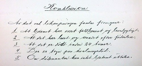 Figure 1  Typical formulation of a conclusion from the autopsy of a full-term newborn (Case 136/1912)