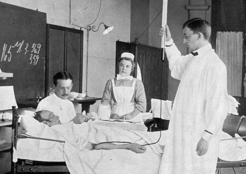 Figure 2  Transfusion at Rikshospitalet circa 1912. The blood is defibrinated and administered from a measuring cylinder in…