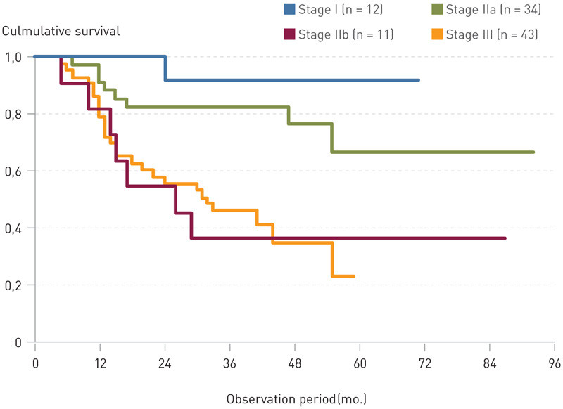 Figure 2  Estimated survival for R0 resections at TNM stages I – III