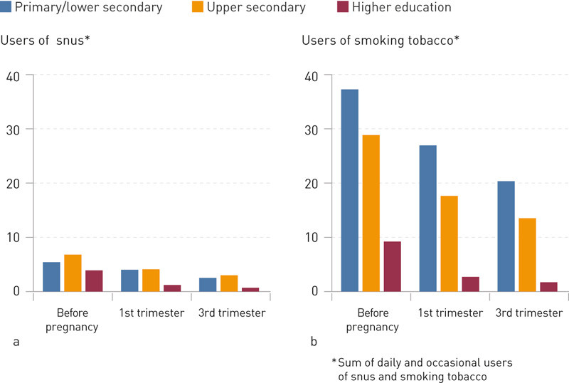 Figure 3  Users of snus and smoking tobacco in the years 2012 – 14 by highest attained level of education in per cent (N =…