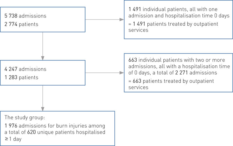 Figure 1 Selection of the study group: admissions to hospitals for burn injuries in 2012 (from the Norwegian Patient…