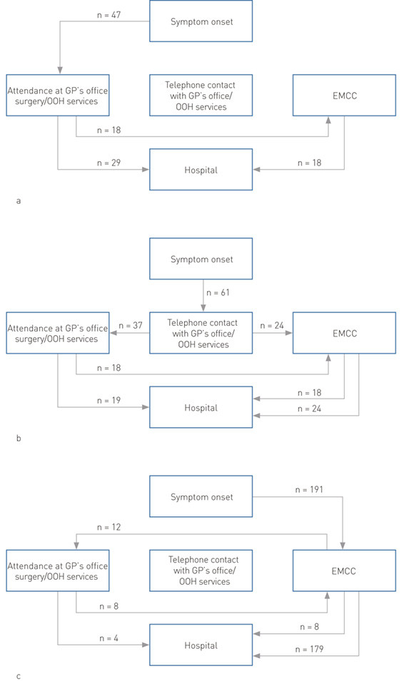 Figure 2  Prehospital path in cases of acute stroke classified on the basis of first medical contact – either the Emergency…