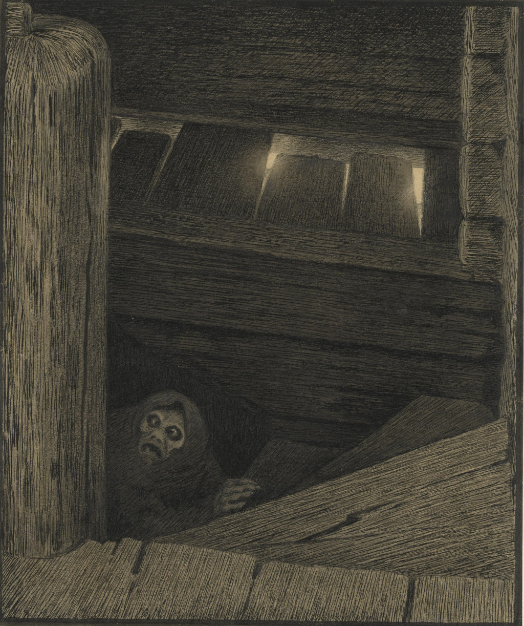 «Pesta i trappen» av Theodor Kittelsen. «Pesta i trappen» av Theodor Kittelsen. Illustrasjon til Svartedauen, Kristiania: Stenersen forlag, 1900. Foto: Nasjonalmuseet/Thorkildsen, Morten.