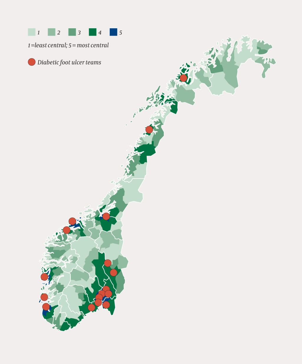 Figure 1 Geographic distribution of diabetic foot ulcer teams (n = 17). Areas marked with the darkest colour have the…
