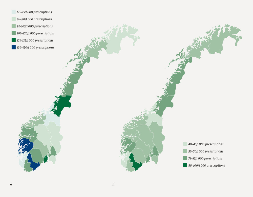 Figure 1 Total prescribing rates for all asthma drugs in different counties per 1 000 children in a) the 0–4 age group and b…