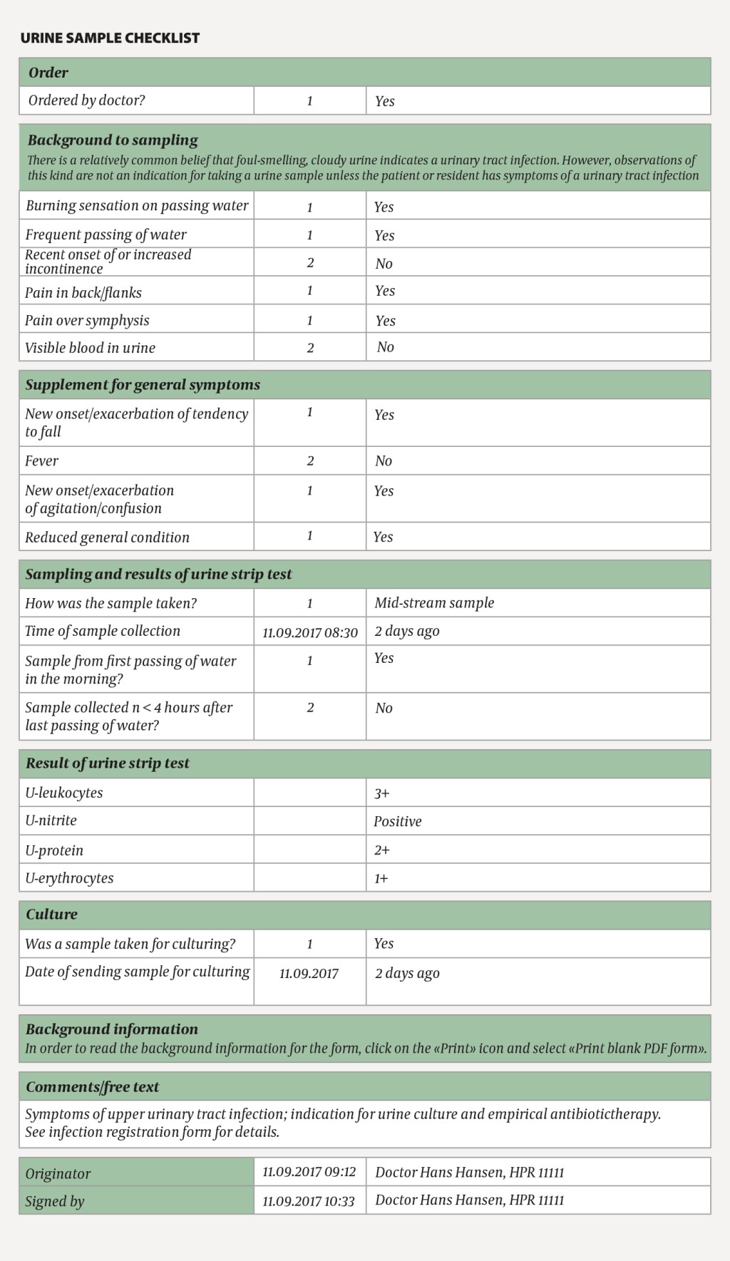 Figure 2 Example of urine sample checklist used in the patient records system Geriatrisk Basis Datasett. The form contains a…