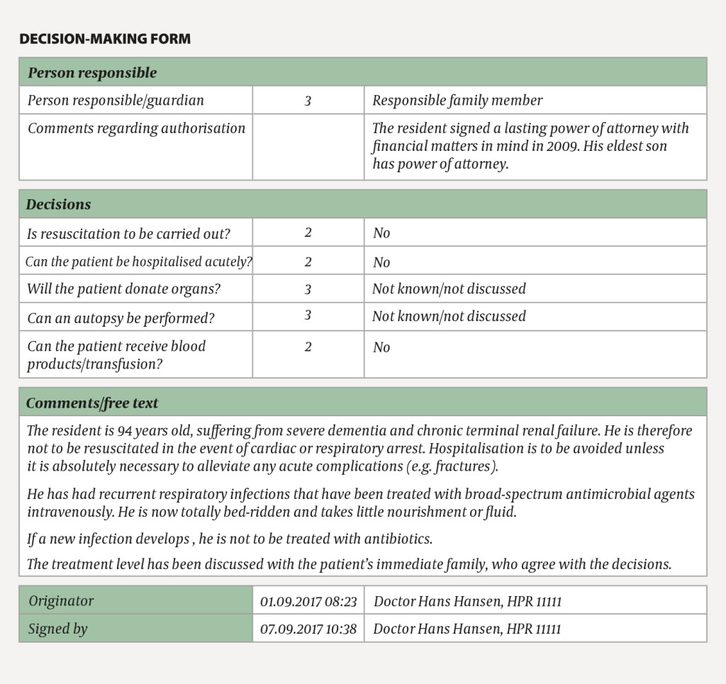 Figure 3 Example of decision-making form used in the patient records system Geriatrisk Basis Datasett. The form contains a…