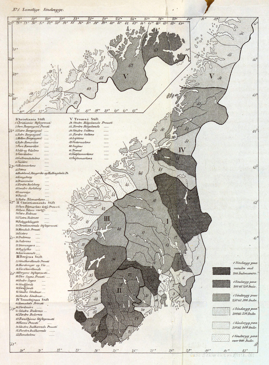 Figur 1 Kart over forekomsten av sinnssyke i Norge. Jo mørkere farge, jo høyere antall. Illustrasjon fra Bidrag til…