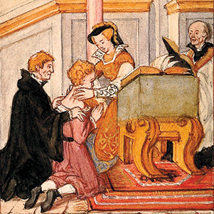 Figur 3 Dronning Mary I (Maria Stuart) legger h&aring;nden p&aring; en pasient. Tegning av Levina Teerlinc fra 1500-tallet. Illustrasjon&hellip;
